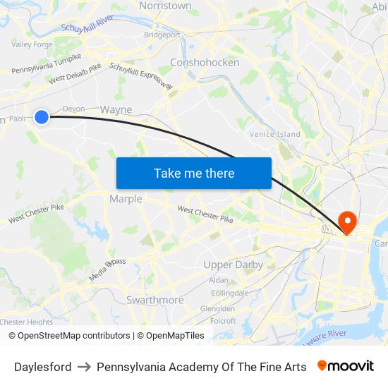Daylesford to Pennsylvania Academy Of The Fine Arts map