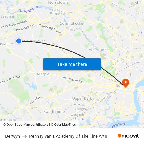 Berwyn to Pennsylvania Academy Of The Fine Arts map