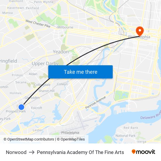 Norwood to Pennsylvania Academy Of The Fine Arts map