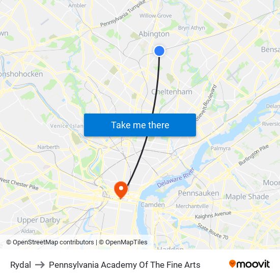 Rydal to Pennsylvania Academy Of The Fine Arts map