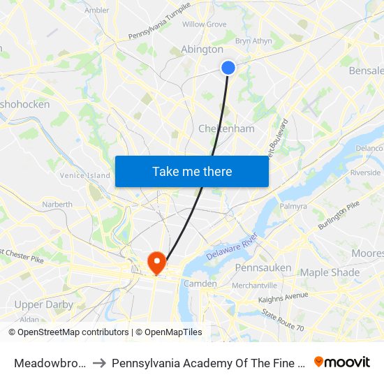 Meadowbrook to Pennsylvania Academy Of The Fine Arts map