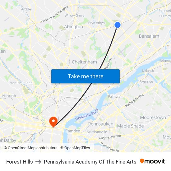 Forest Hills to Pennsylvania Academy Of The Fine Arts map