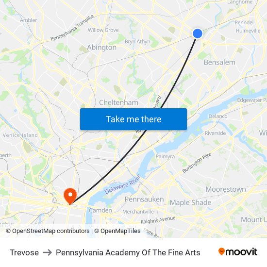 Trevose to Pennsylvania Academy Of The Fine Arts map