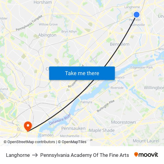 Langhorne to Pennsylvania Academy Of The Fine Arts map