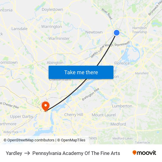 Yardley to Pennsylvania Academy Of The Fine Arts map