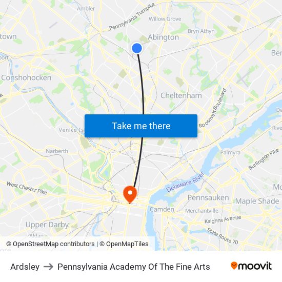 Ardsley to Pennsylvania Academy Of The Fine Arts map