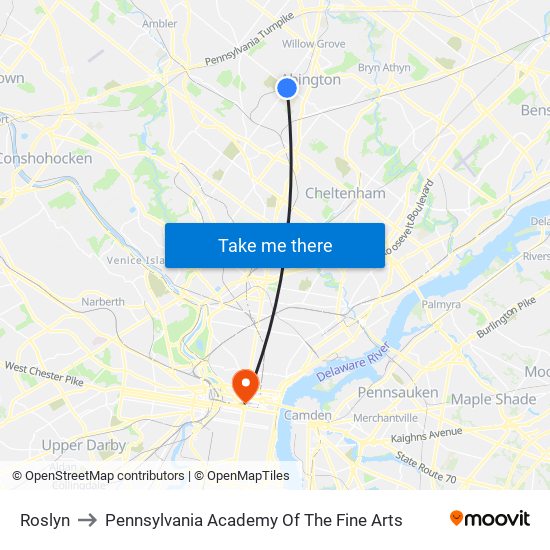 Roslyn to Pennsylvania Academy Of The Fine Arts map