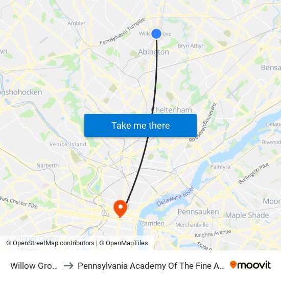 Willow Grove to Pennsylvania Academy Of The Fine Arts map