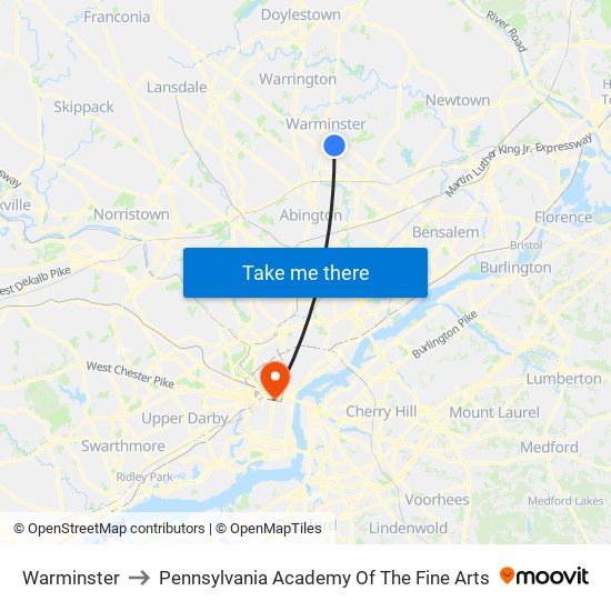 Warminster to Pennsylvania Academy Of The Fine Arts map