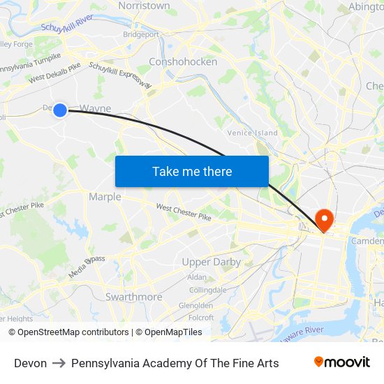 Devon to Pennsylvania Academy Of The Fine Arts map