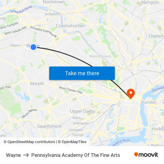 Wayne to Pennsylvania Academy Of The Fine Arts map