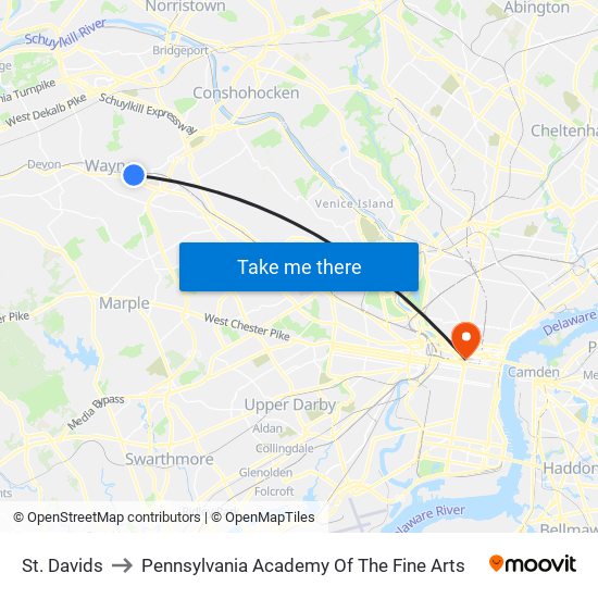 St. Davids to Pennsylvania Academy Of The Fine Arts map