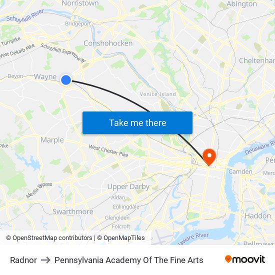 Radnor to Pennsylvania Academy Of The Fine Arts map