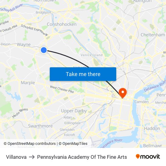 Villanova to Pennsylvania Academy Of The Fine Arts map