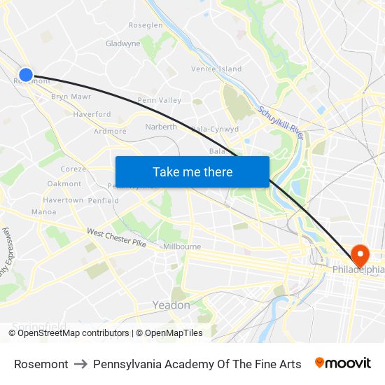 Rosemont to Pennsylvania Academy Of The Fine Arts map