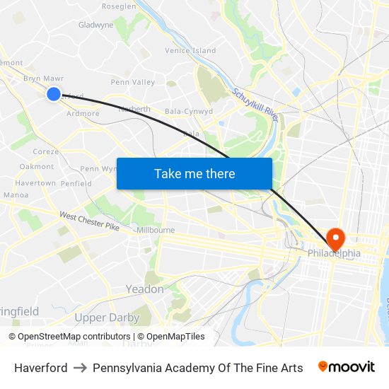 Haverford to Pennsylvania Academy Of The Fine Arts map