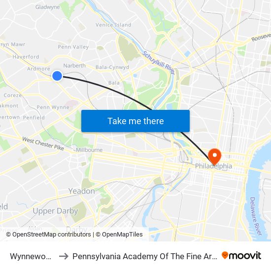 Wynnewood to Pennsylvania Academy Of The Fine Arts map