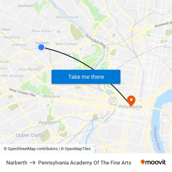 Narberth to Pennsylvania Academy Of The Fine Arts map