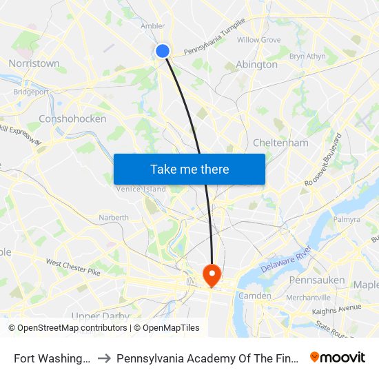 Fort Washington to Pennsylvania Academy Of The Fine Arts map
