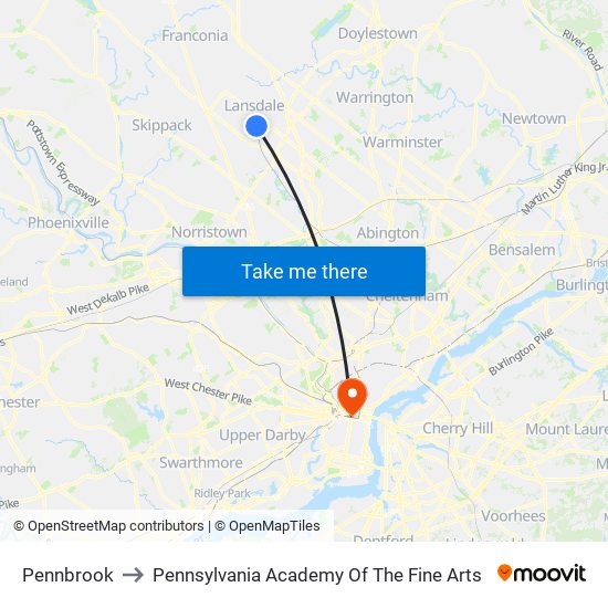 Pennbrook to Pennsylvania Academy Of The Fine Arts map
