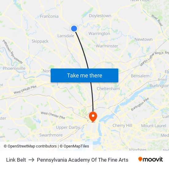 Link Belt to Pennsylvania Academy Of The Fine Arts map