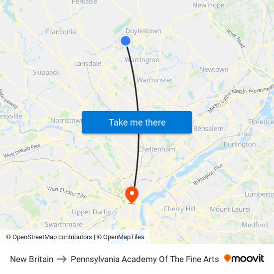 New Britain to Pennsylvania Academy Of The Fine Arts map