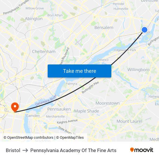 Bristol to Pennsylvania Academy Of The Fine Arts map