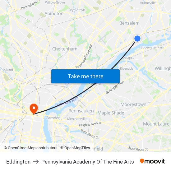 Eddington to Pennsylvania Academy Of The Fine Arts map