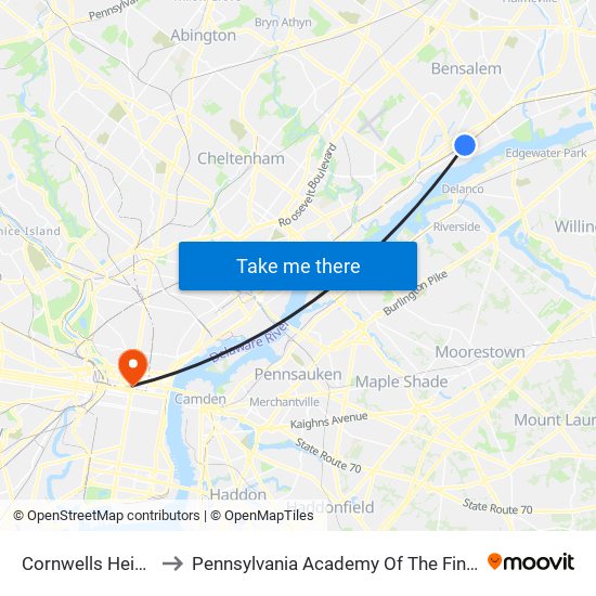 Cornwells Heights to Pennsylvania Academy Of The Fine Arts map