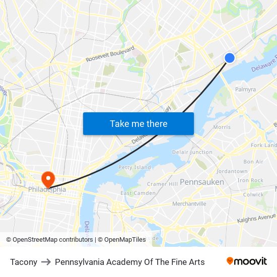 Tacony to Pennsylvania Academy Of The Fine Arts map