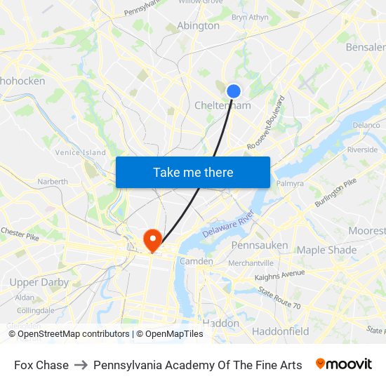 Fox Chase to Pennsylvania Academy Of The Fine Arts map