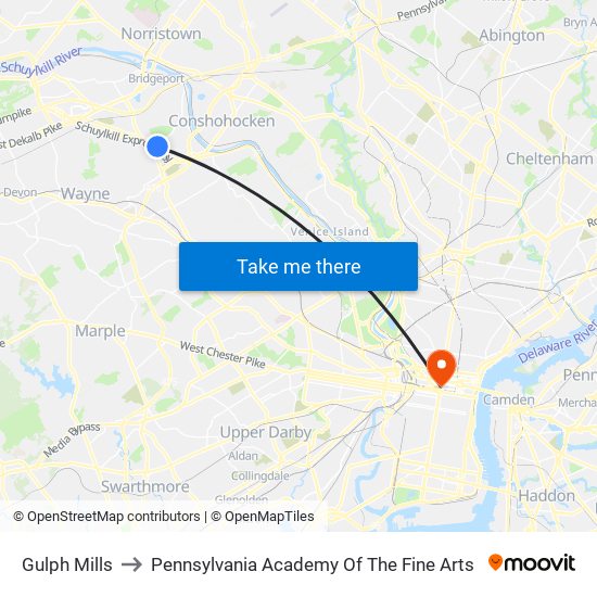 Gulph Mills to Pennsylvania Academy Of The Fine Arts map