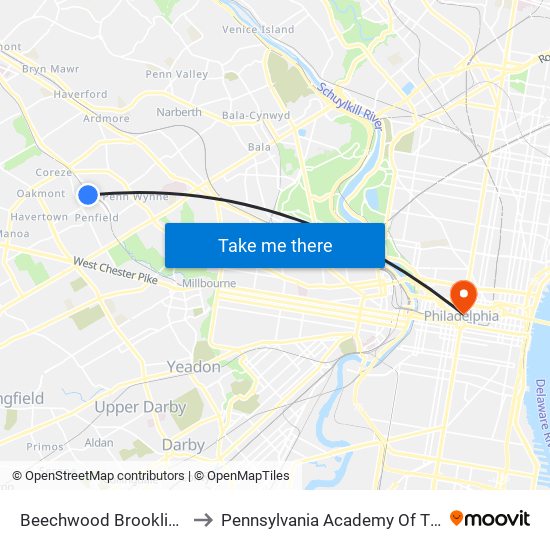 Beechwood Brookline Station to Pennsylvania Academy Of The Fine Arts map