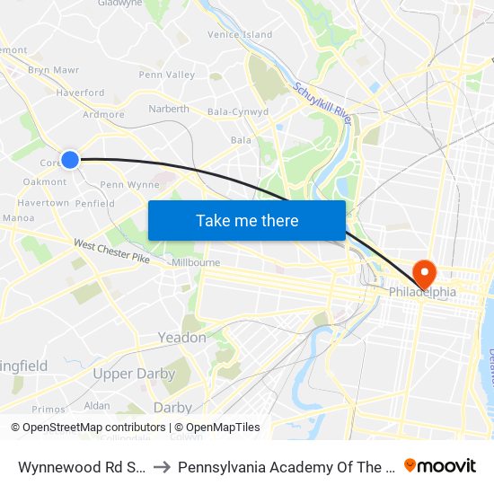 Wynnewood Rd Station to Pennsylvania Academy Of The Fine Arts map