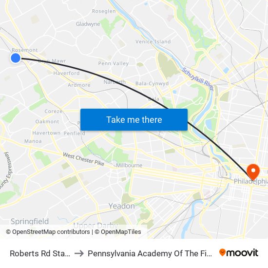 Roberts Rd Station to Pennsylvania Academy Of The Fine Arts map