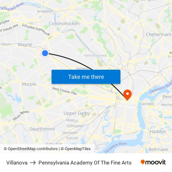 Villanova to Pennsylvania Academy Of The Fine Arts map