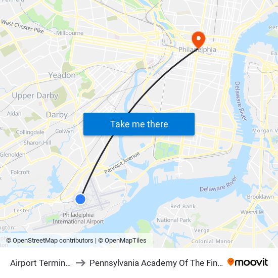 Airport Terminal B to Pennsylvania Academy Of The Fine Arts map