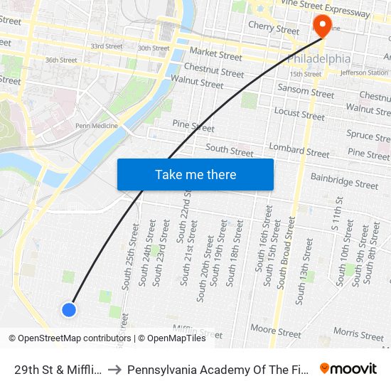 29th St & Mifflin St to Pennsylvania Academy Of The Fine Arts map