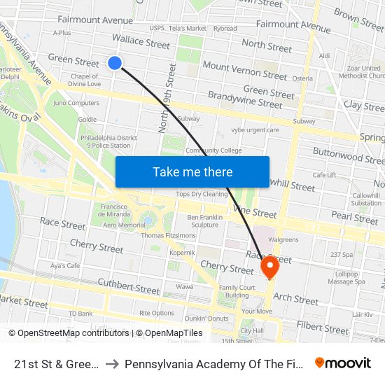 21st St & Green St to Pennsylvania Academy Of The Fine Arts map