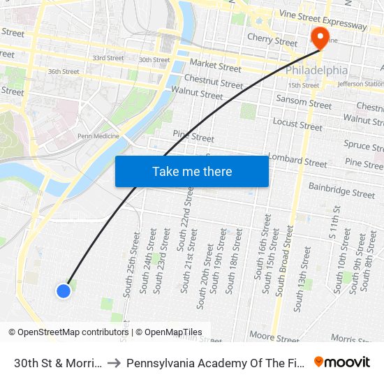 30th St & Morris St to Pennsylvania Academy Of The Fine Arts map