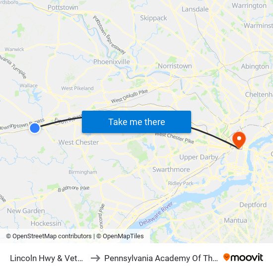 Lincoln Hwy & Veterans Dr to Pennsylvania Academy Of The Fine Arts map