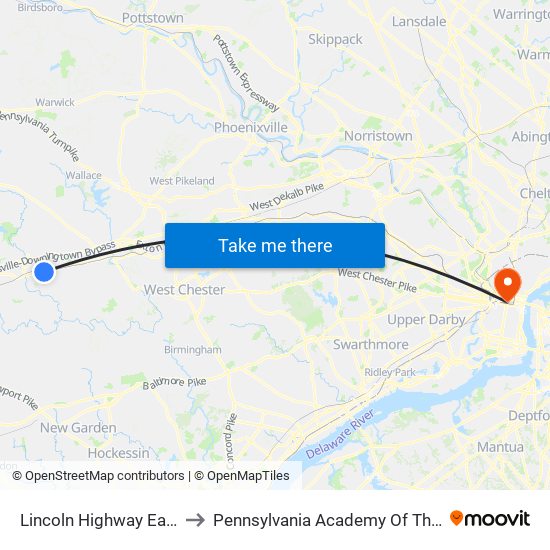 Lincoln Highway East 1300 to Pennsylvania Academy Of The Fine Arts map