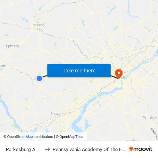 Parkesburg Amtrak to Pennsylvania Academy Of The Fine Arts map