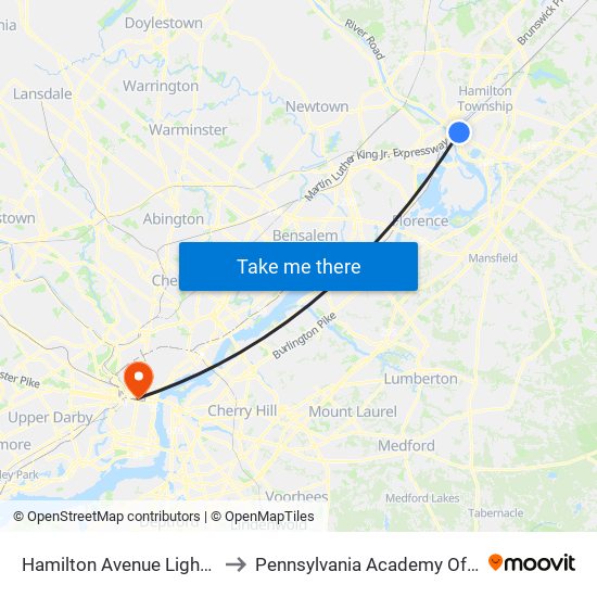 Hamilton Avenue Light Rail Station to Pennsylvania Academy Of The Fine Arts map