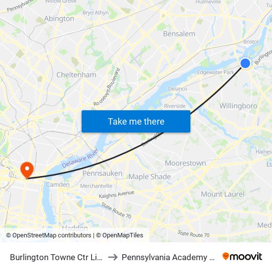 Burlington Towne Ctr Light Rail Station to Pennsylvania Academy Of The Fine Arts map