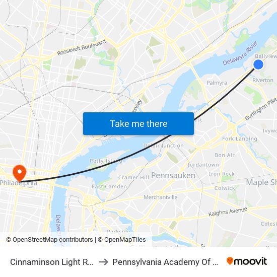 Cinnaminson Light Rail Station to Pennsylvania Academy Of The Fine Arts map