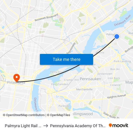 Palmyra Light Rail Station to Pennsylvania Academy Of The Fine Arts map