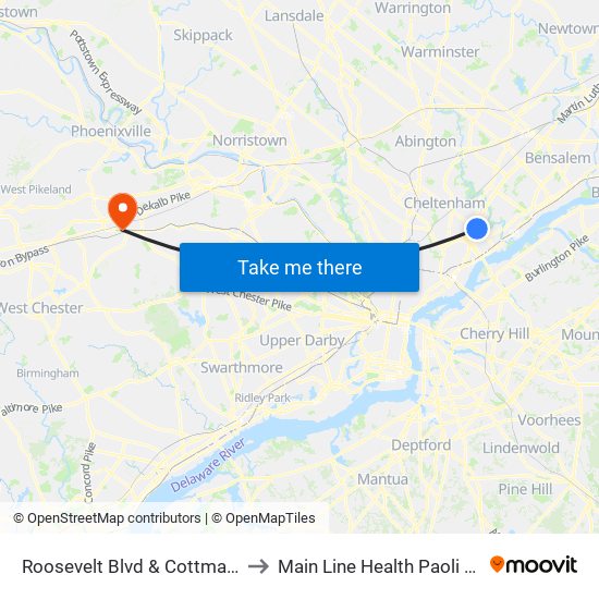 Roosevelt Blvd & Cottman Av - FS to Main Line Health Paoli Hospital map