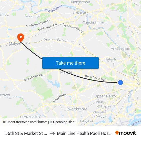 56th St & Market St - Fs to Main Line Health Paoli Hospital map