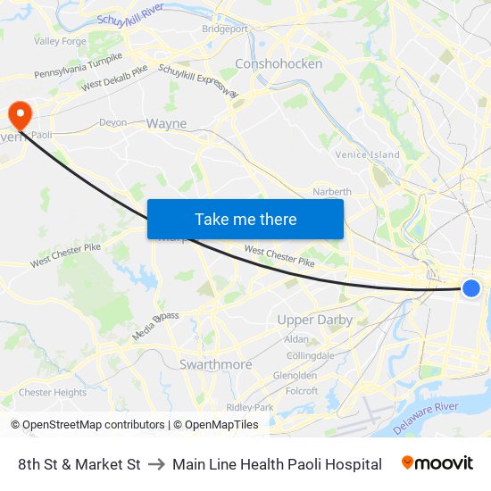 8th St & Market St to Main Line Health Paoli Hospital map